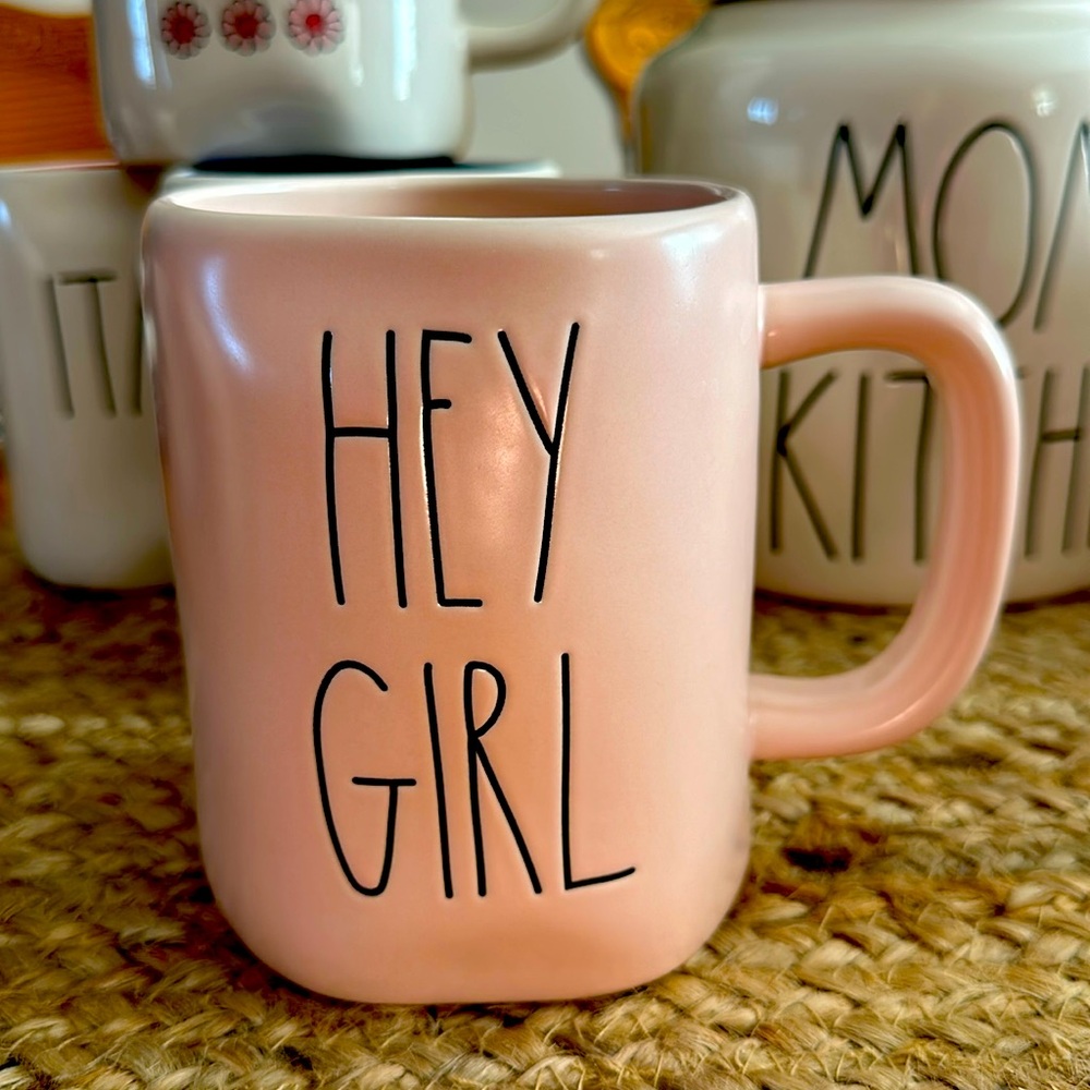 Rae Dunn coffee cup mug, PINK COLOR use but in good condition hey girl.